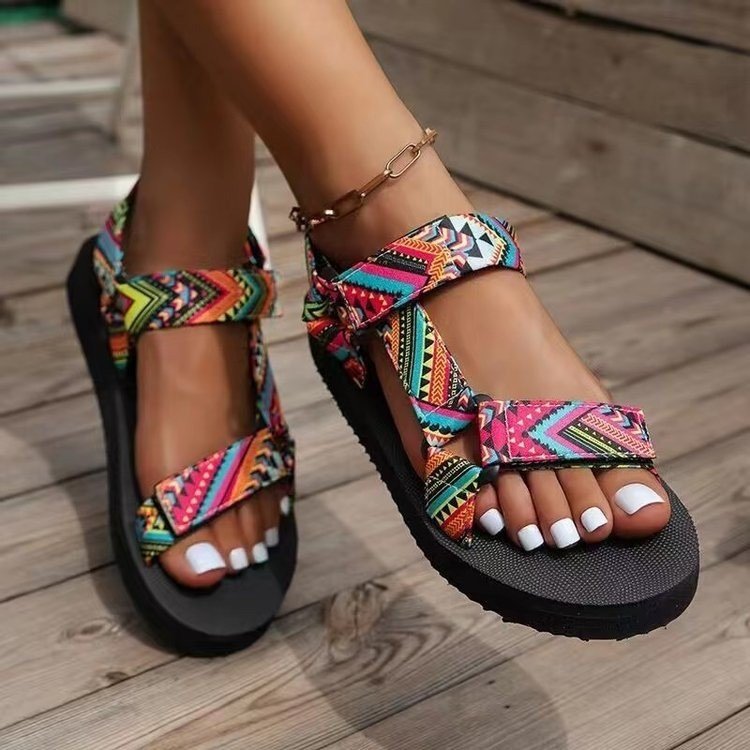Summer 2025 new large-sized thick-soled sandals for women: thick-soled, color-blocked Velcro, European and American ethnic style beach sandals full figure