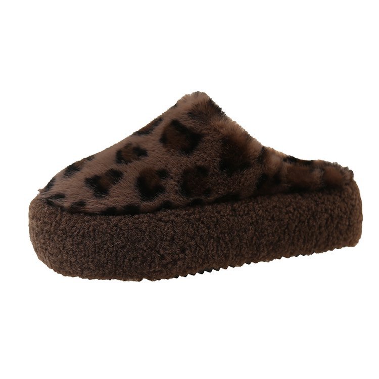 Leopard print fur slippers Women's winter thick-soled women's shoes 2025 new style, one foot, 4cm height-increasing toe cover, half slippers Item Picture