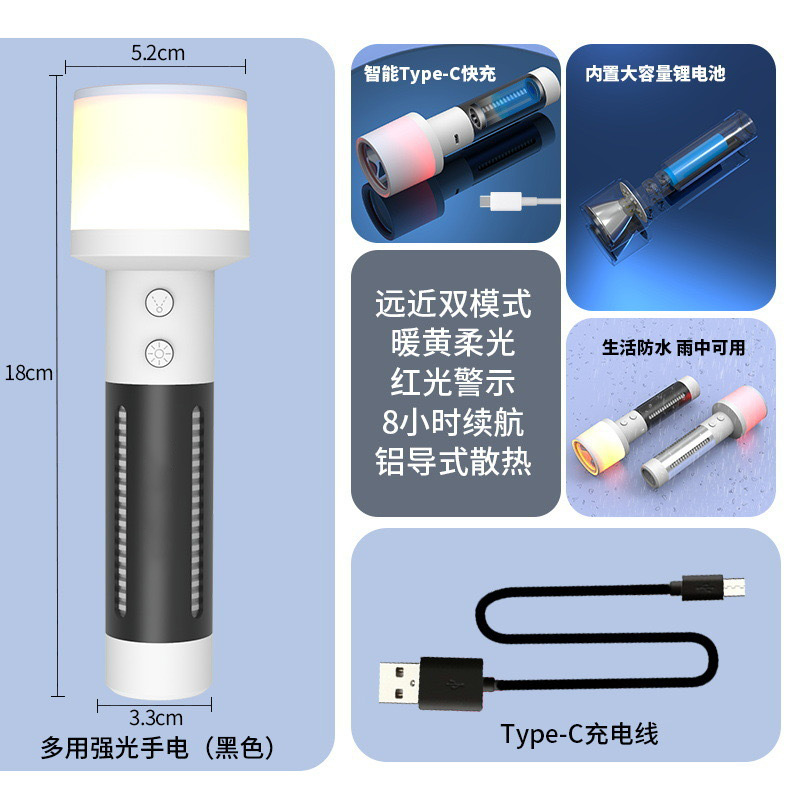 Wholesale of outdoor LED high-intensity flashlights, multi-functional camping atmosphere lights, and aluminum alloy household flashlights