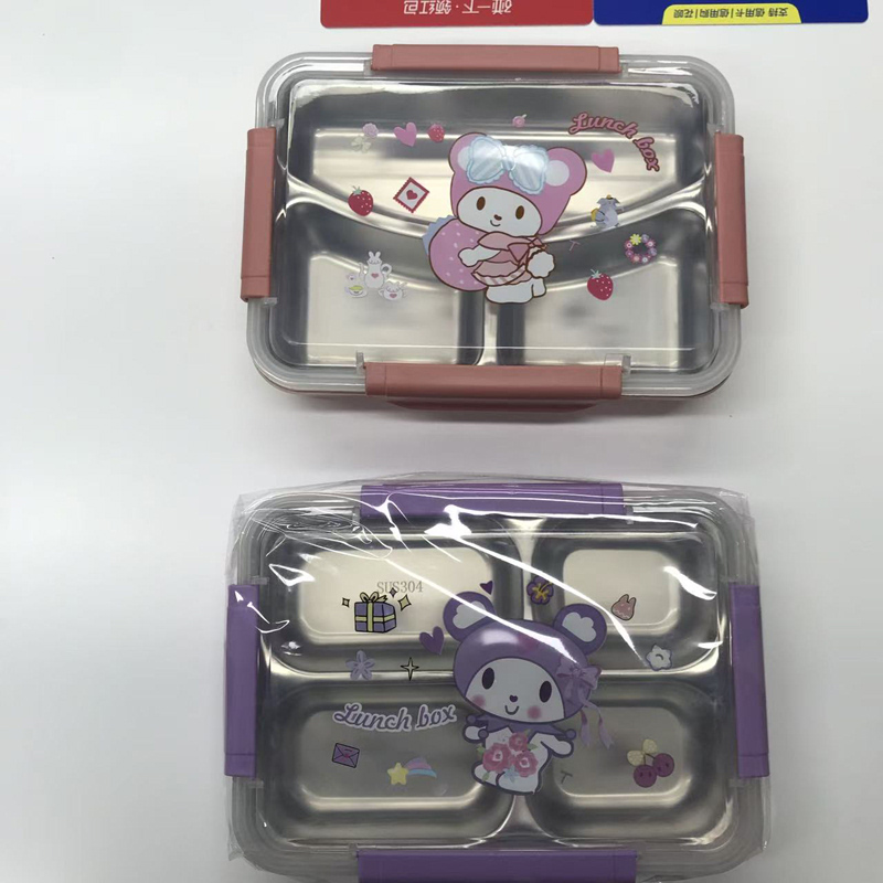 三格 304 不锈钢饭盒 粉紫卡通密封便当盒 少女心学生便携餐盒详情2
