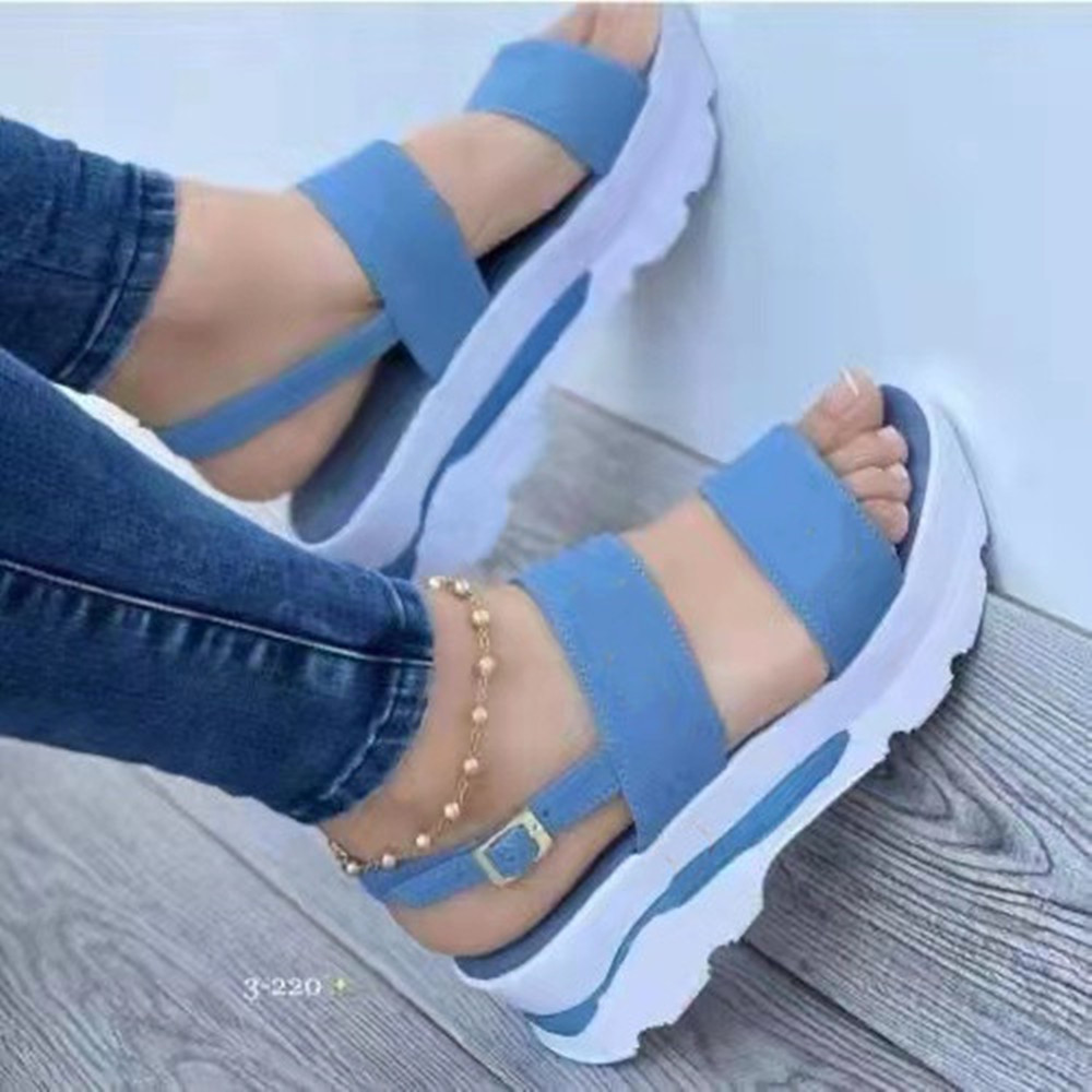 2022 Summer new large-sized foreign trade women's shoes: wide one-line with a sweet style, thick-soled wedge heel sandals for women details Picture