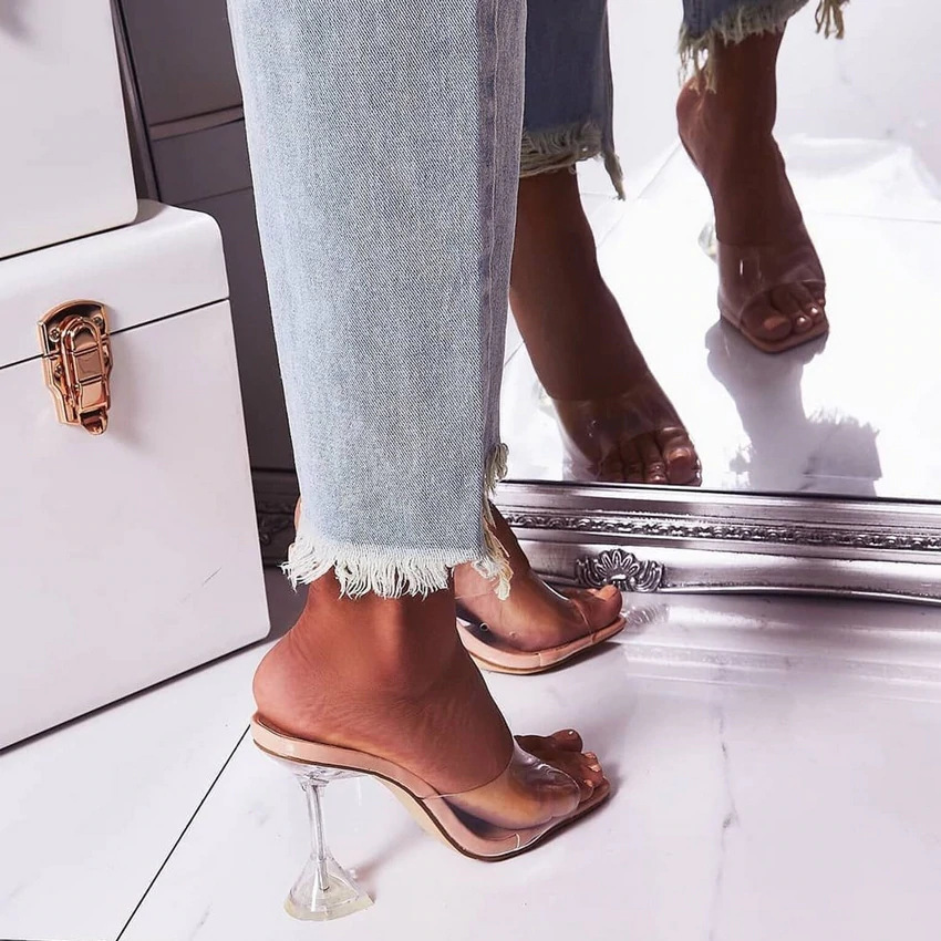 high heels sandals Cross-border Europe Station Transparent large size 42 women's wine glass and high heels sandals Specification drawing