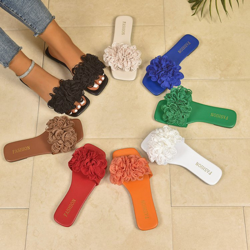 Cross-border large-sized flat beach slippers summer new fish-mouth flower comfortable outdoor beach shoes for women wholesale full figure