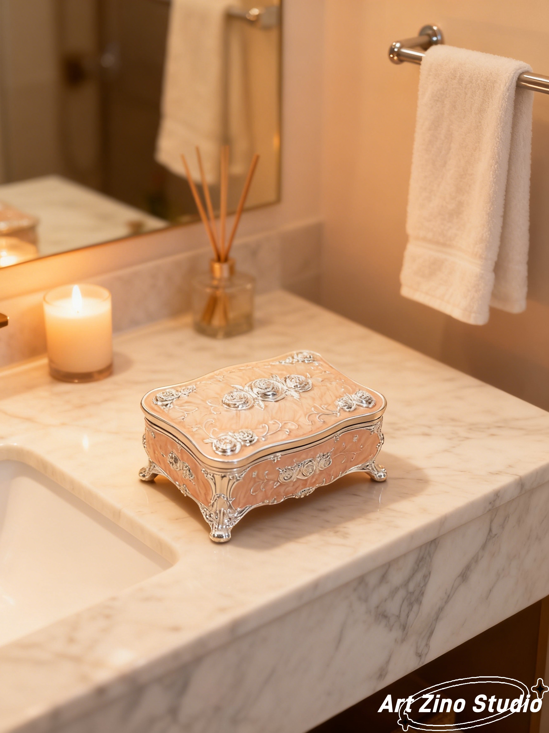 1pc European retro zinc alloy jewelry box! Three-dimensional rose relief enhances the texture. Choose from four colors: silver white, gold white, silver light blue, and silver light pink! A rectangular prism with soft edges and delicate supports Application Scenario