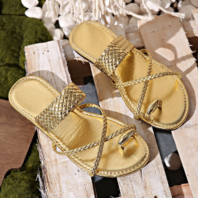 Women's 2024 new style woven flip-toe casual flat sandals for foreign trade, large size 43Sanda Roman beach shoes details Picture