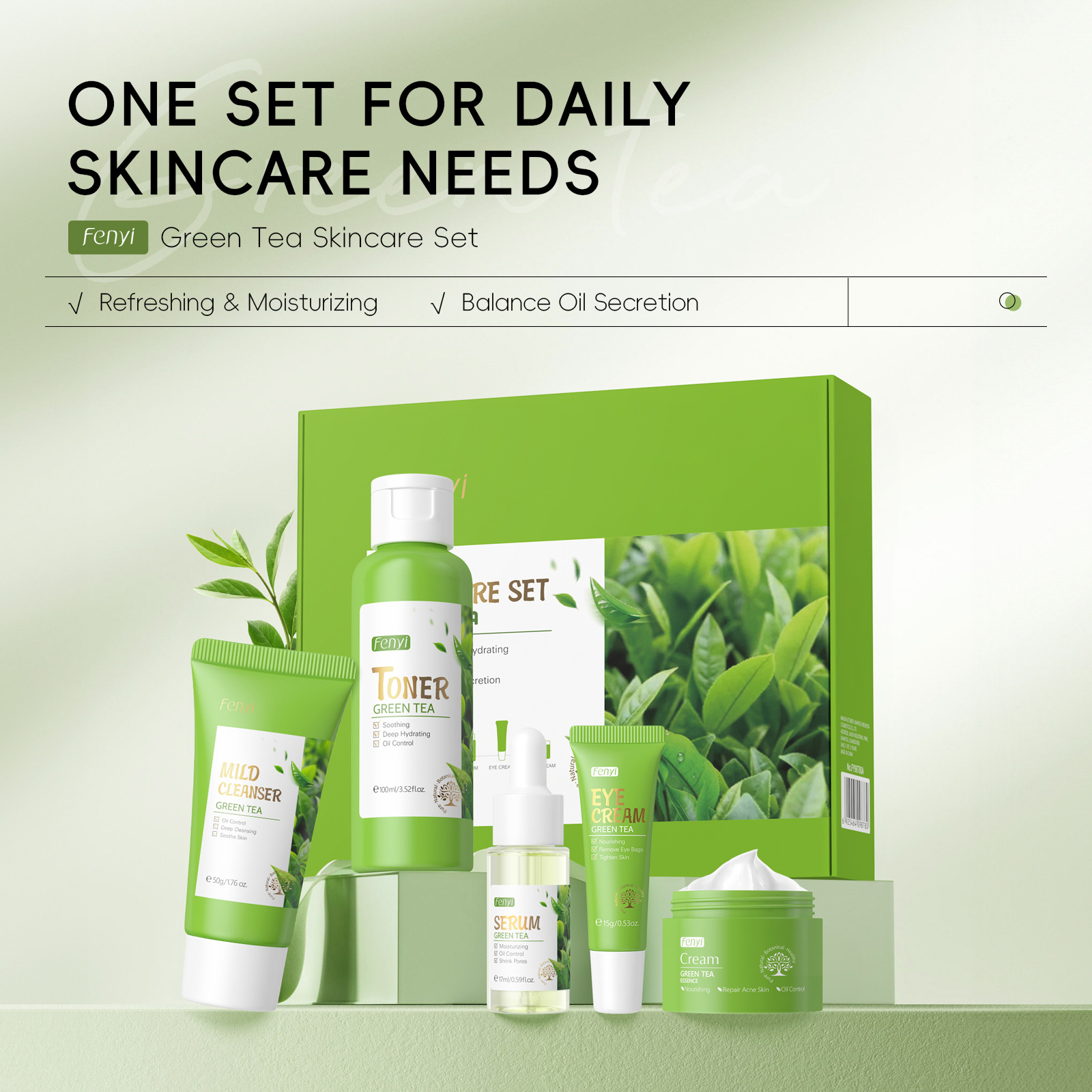 Cross-border skin care product set: 5 pieces of green tea, 50g of shampoo + 100ml of water + 25g of face cream + 15g of eye cream + 17ml of essence details Picture