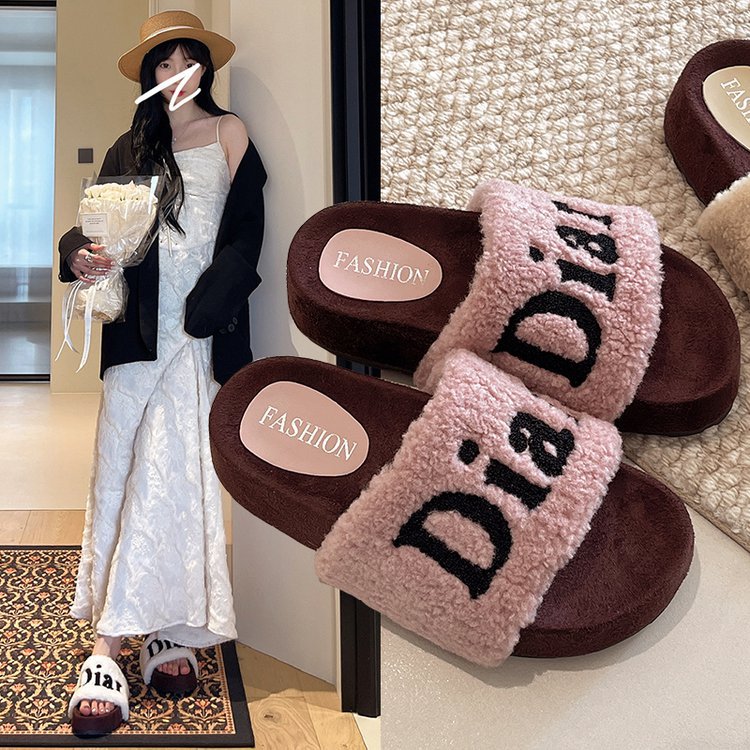 Thick-soled woolen slippers for women's outerwear, a new style of fashionable and versatile one-shoulder lettering women's shoes for autumn and winter 2025 details Picture