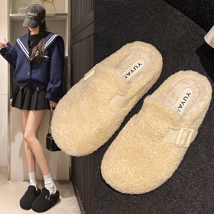 Thick-soled versatile Birken slippers for women's Baotou 2025 autumn/winter new style felt fleece one-step wool mules full figure