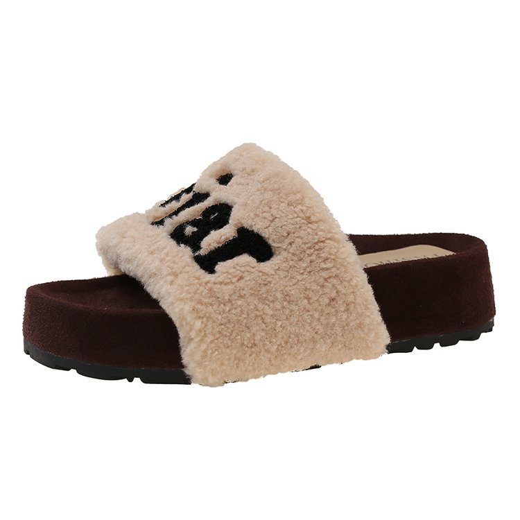 Thick-soled woolen slippers for women's outerwear, a new style of fashionable and versatile one-shoulder lettering women's shoes for autumn and winter 2025 Item Picture