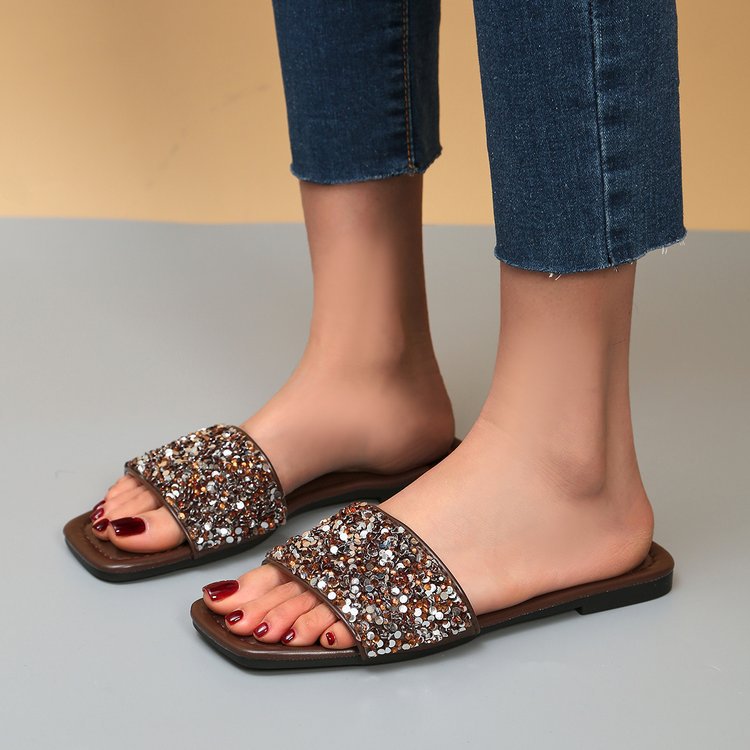 New Summer 2025 Sequined flat soft-soled comfortable casual women's slippers for export, large sizes 36-43 Specification drawing