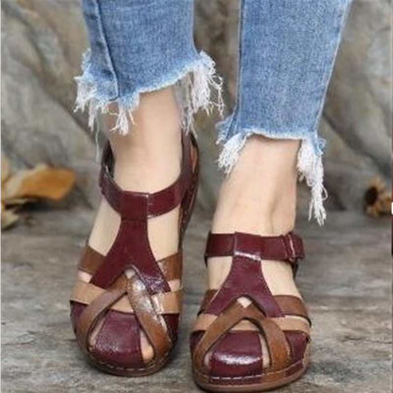 The 2023 summer new style of European and American retro round-toe wedge heel women's Roman sandals with cross buckles Specification drawing