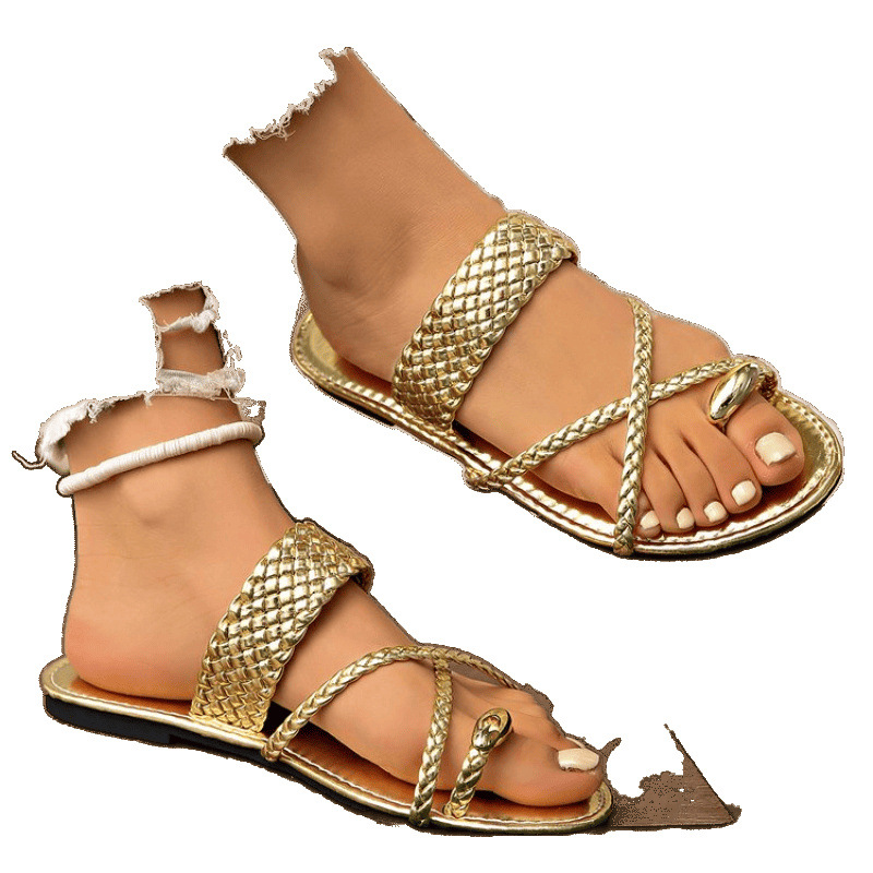 Women's 2024 new style woven flip-toe casual flat sandals for foreign trade, large size 43Sanda Roman beach shoes Item Picture