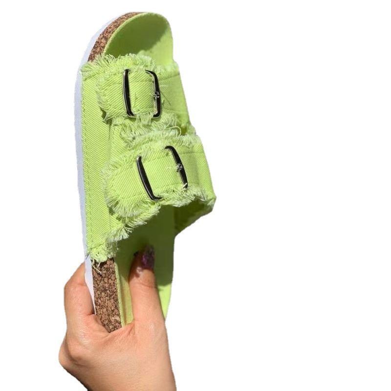 Summer 2021 new cross-border trade large-sized European and American casual solid color canvas buckle denim flat slippers for women Item Picture