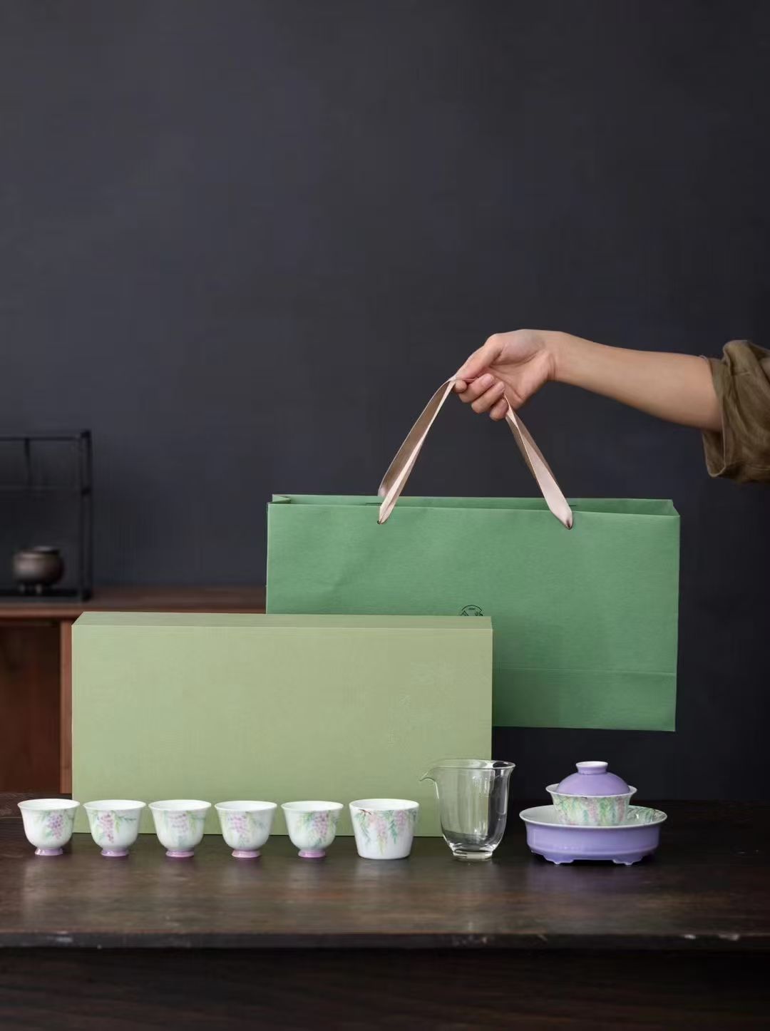 中国茶具白瓷手绘紫藤花系列9头套组配礼盒商务礼品