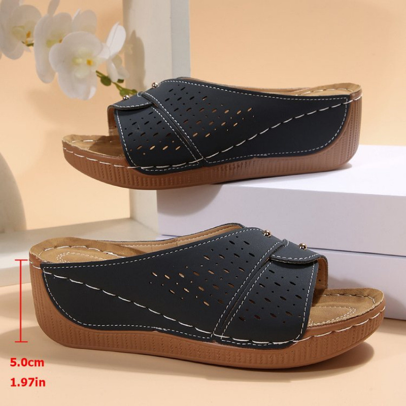 Cross-border European and American large-sized export women's shoes 2025 summer new style European and American cool slippers, wedge heel thick-soled hollowed-out slippers Specification drawing