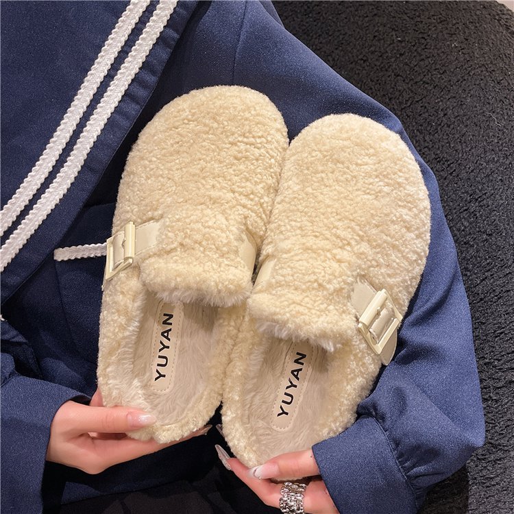 Thick-soled versatile Birken slippers for women's Baotou 2025 autumn/winter new style felt fleece one-step wool mules details Picture