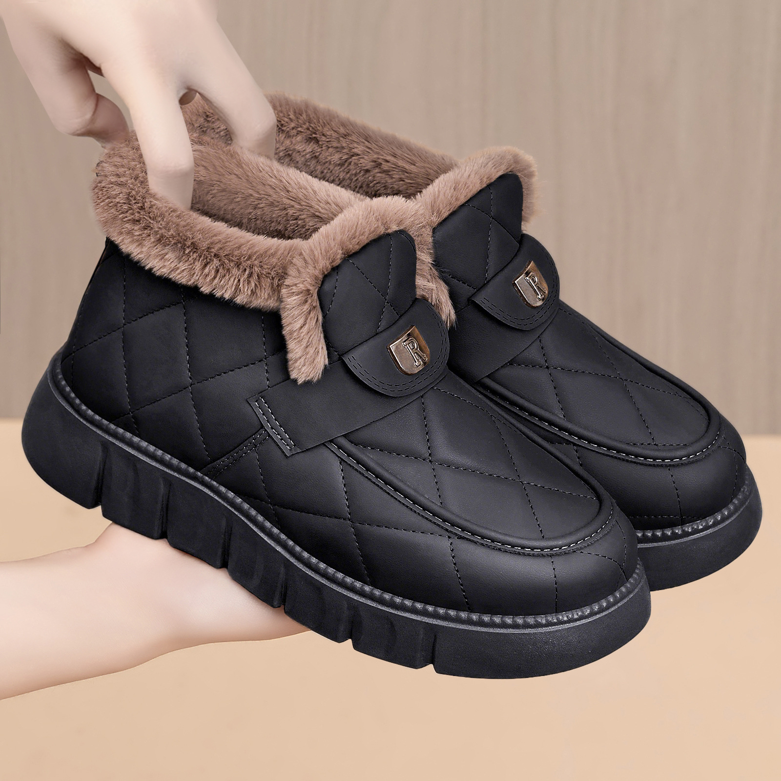 temu's new winter snow boots with added fleece and thickening are best-selling thick-soled short-top one-foot cotton shoes for warm women details Picture