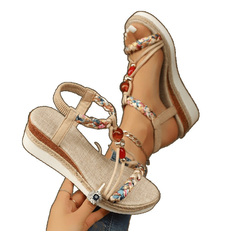New cross-border large-sized ethnic style water diamond beaded wedge heel fashionable high heels, thick-soled women's hemp rope woven sandals Item Picture