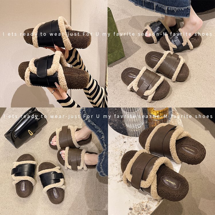 For the autumn and winter of 2025, there are some niche lambskin shoes with a high-end feel. They are thick-soled and worn outside, featuring retro belt-buckle cotton slippers for women Specification drawing