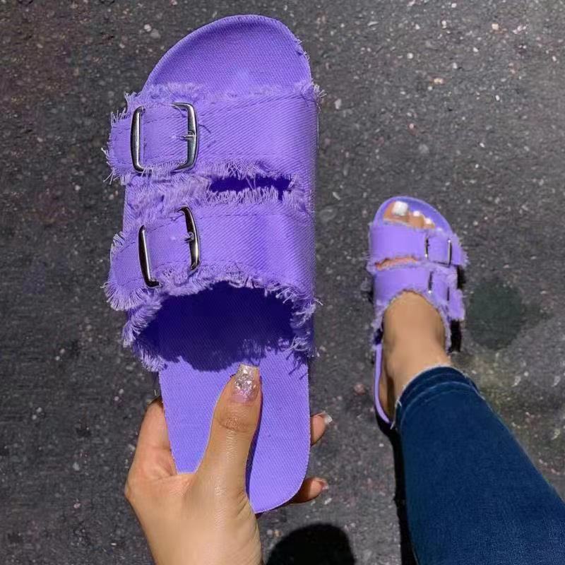 Summer 2021 new cross-border trade large-sized European and American casual solid color canvas buckle denim flat slippers for women full figure