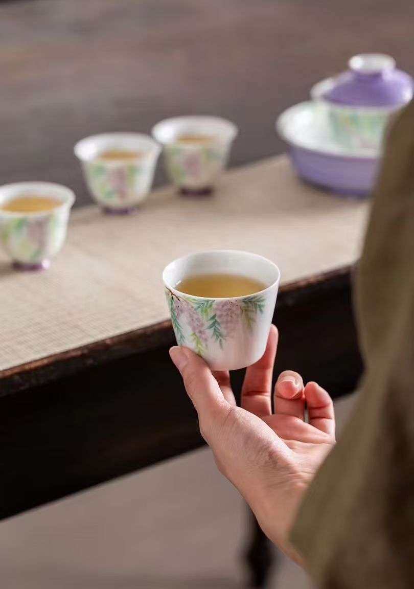 中国茶具白瓷手绘紫藤花系列9头套组配礼盒商务礼品详情3