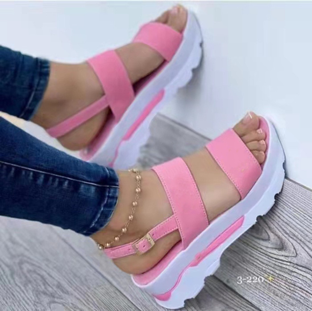 2022 Summer new large-sized foreign trade women's shoes: wide one-line with a sweet style, thick-soled wedge heel sandals for women full figure