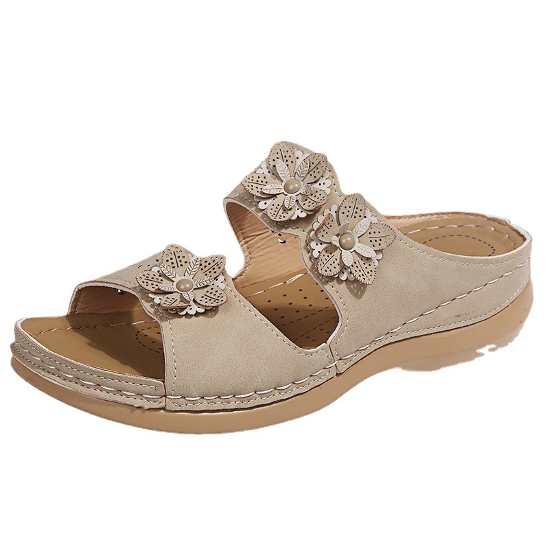 2022 Summer New European and American flower-stitched solid color light-cut round toe casual and fashionable women's flat sandals Item Picture