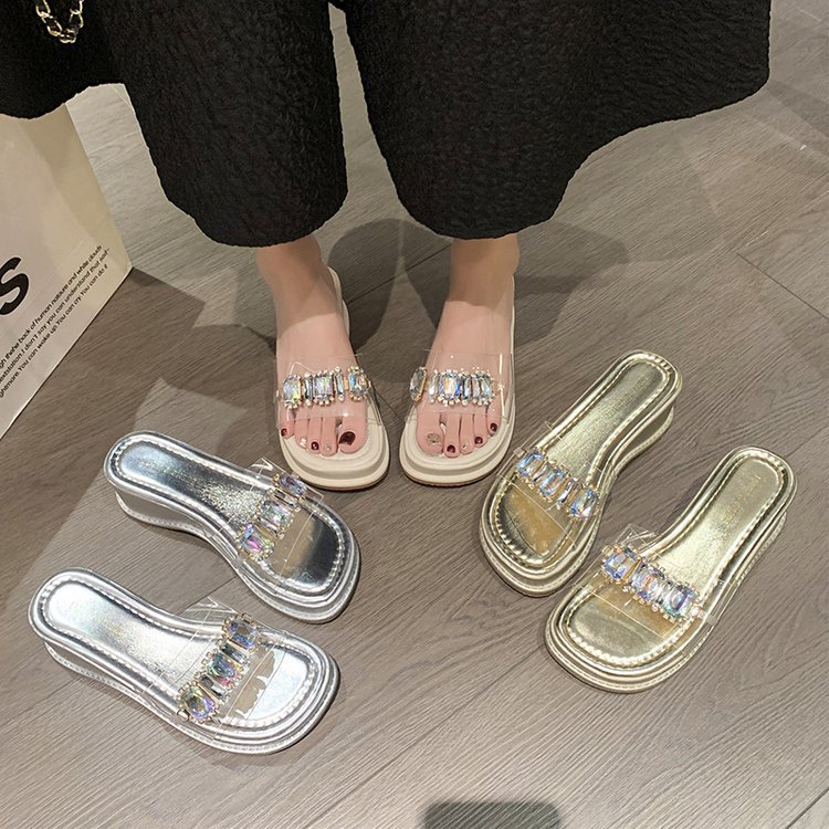 Summer 2025 new collection: One-line transparent crystal water diamond slippers, wedge heel slippers, muffin thick-soled cool slippers for women details Picture