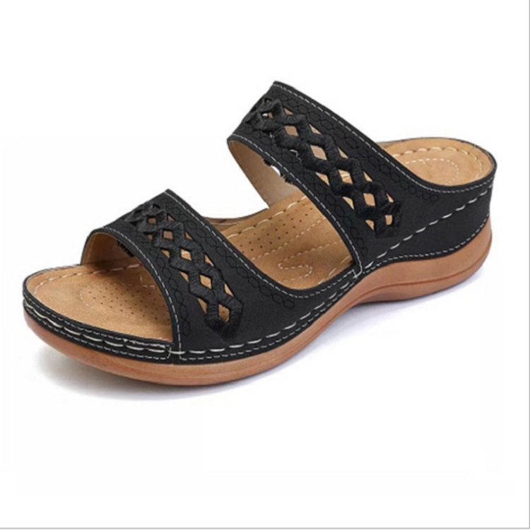 Aliexpress's large-sized women's sandals for summer with wedge heels, thick soles, retro stitching and ethnic style casual women's slippers Item Picture