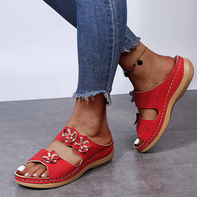 2022 Summer New European and American flower-stitched solid color light-cut round toe casual and fashionable women's flat sandals Specification drawing
