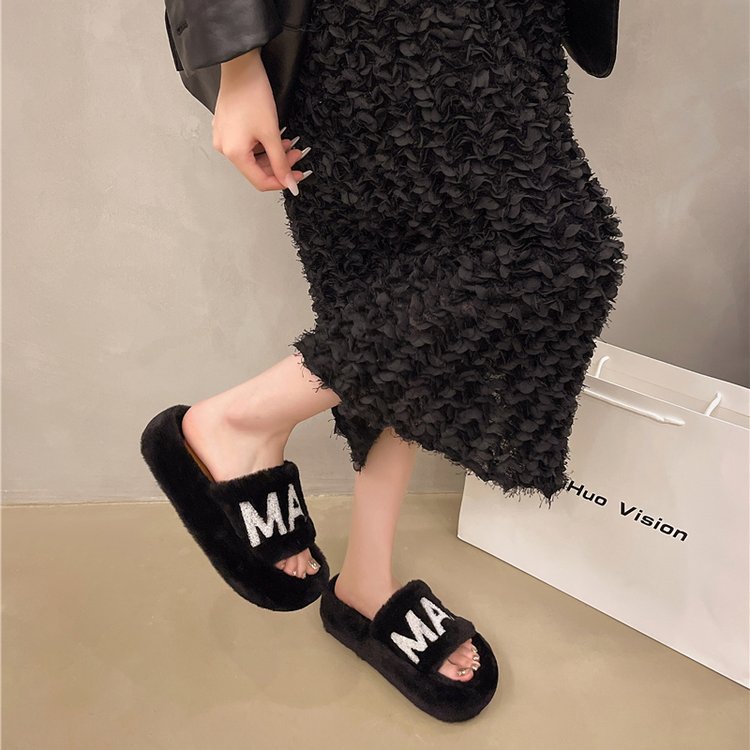 Trendy brand thick-soled woolen slippers for women, 2025 new short fleece one-shoulder slippers. Pair with socks for autumn and winter and wear cotton slippers on top Specification drawing