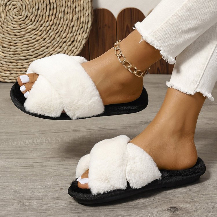 Color-blocked cross-cut woolen slippers for women, autumn and winter cross-border Amazon, large-sized home wooden floor with exposed toes and warm cotton slippers Specification drawing