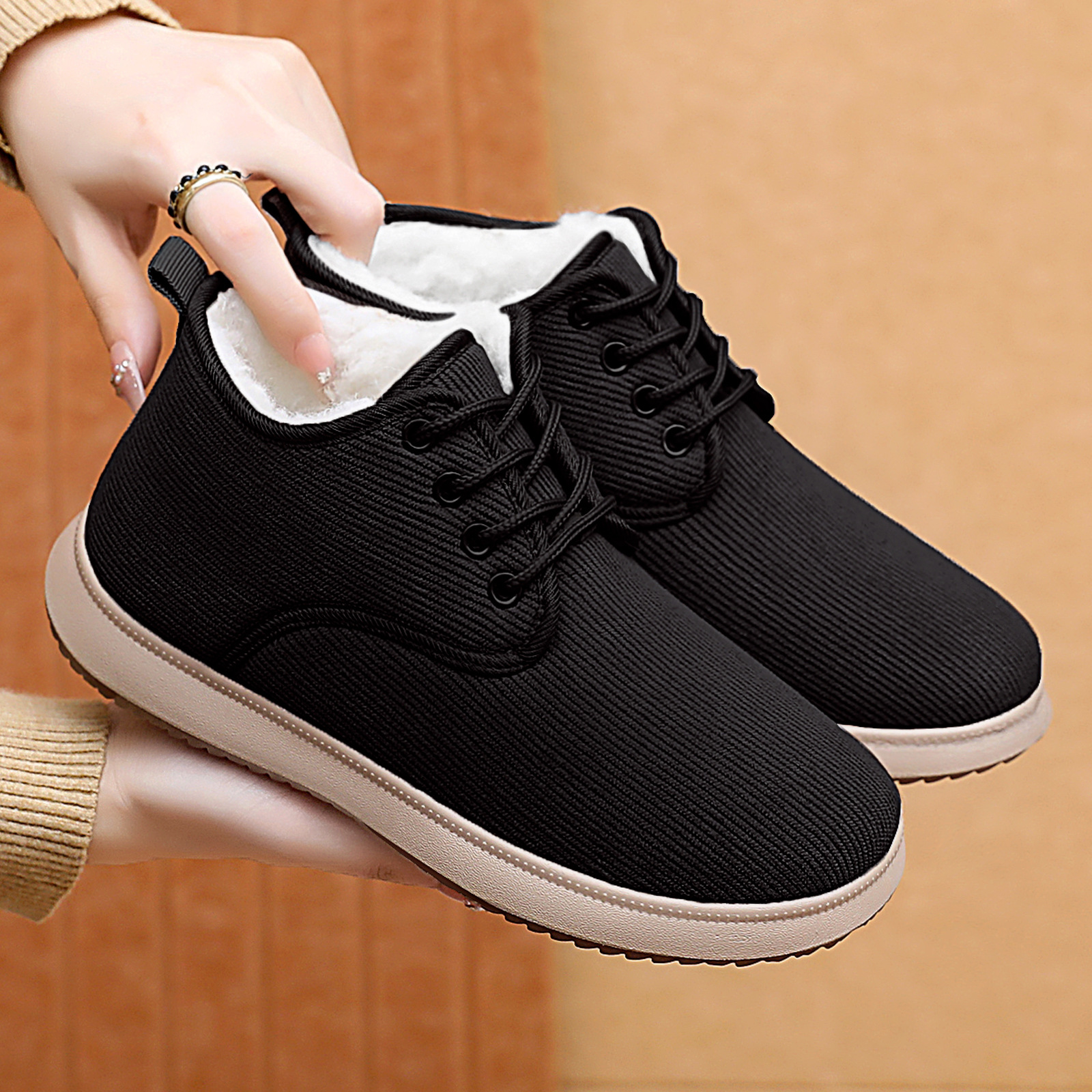 New winter cotton shoes for women, fleece and thickened casual snow boots, cross-border versatile mom shoes, lace-up cotton boots, consignment Specification drawing
