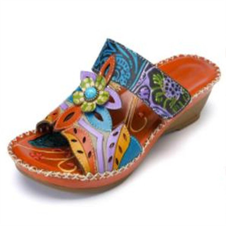 New ethnic style flip-flops for women in cross-border foreign trade, summer color-blocked wedge heel totem 43 large size flip-flops for women full figure