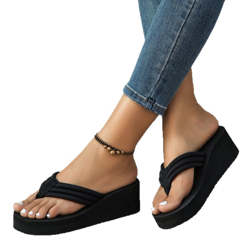 New high-heeled thick-soled flip-flops for women, petite height-increasing beach flip-flops, and women's wedge heels in 2025 Item Picture
