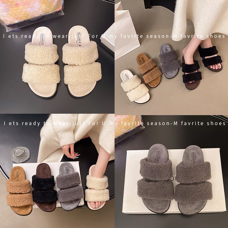 The new 2025 style of "Fluffy Slippers for Women" is versatile, fashionable, flat and casual. It can be worn outside and is suitable for lazy women Specification drawing