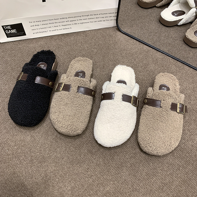 Baotou woolen slippers for women's outerwear, 2025 autumn and winter new style, one-step lazy shoes, home cashmere woolen slippers full figure