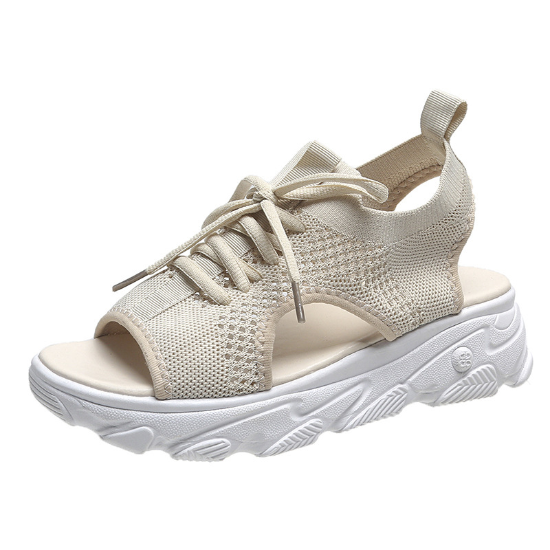 Amazon's new large-sized fly-knit thick-soled sandals for women, a fashionable European and American style fish-mouth wedge heel mesh casual sports sandals Item Picture