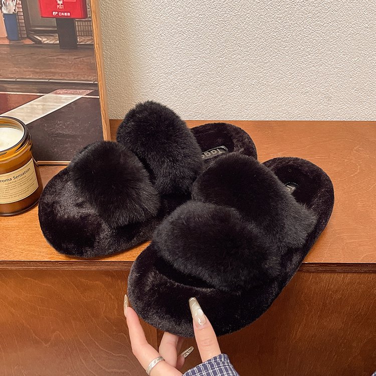 Genuine woolen shoes for women's outerwear, autumn and winter fairy style super popular online celebrity slippers, flat bottom with fleece, Korean-style one-shoulder cotton slippers Application Scenario