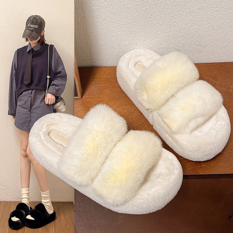 Genuine woolen shoes for women's outerwear, autumn and winter fairy style super popular online celebrity slippers, flat bottom with fleece, Korean-style one-shoulder cotton slippers full figure