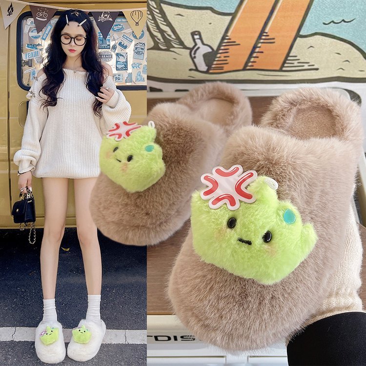 Cute, trendy and niche design with a girlish heart 2025 autumn and winter cute, casual and versatile warm furry slippers full figure