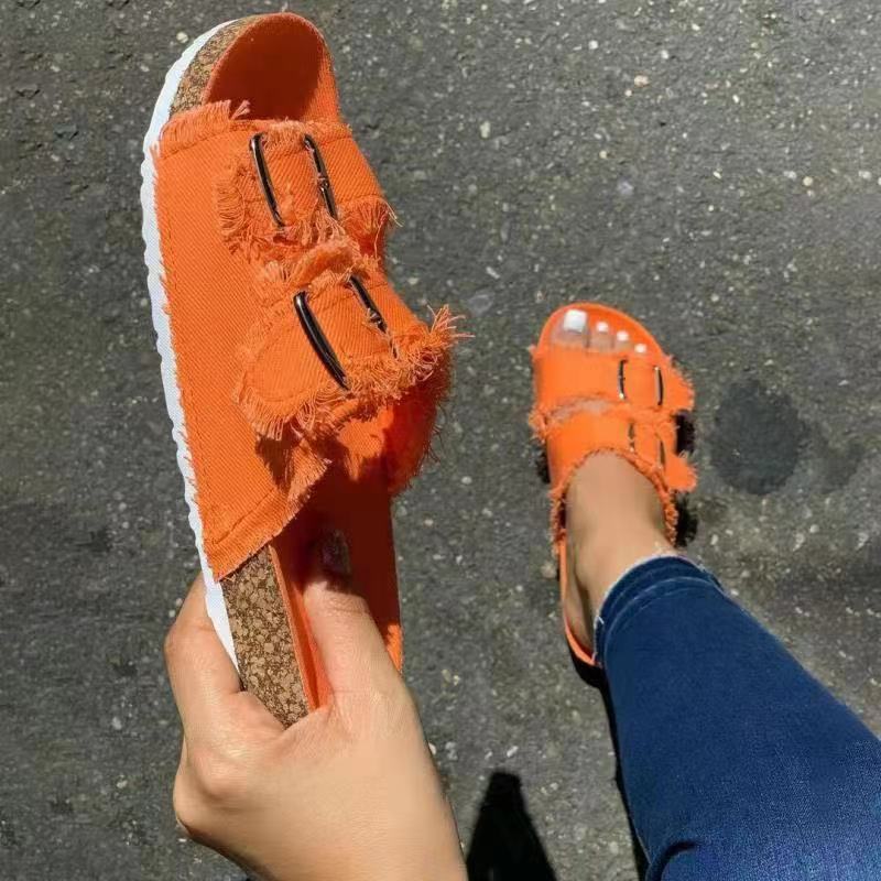 Summer 2021 new cross-border trade large-sized European and American casual solid color canvas buckle denim flat slippers for women Specification drawing