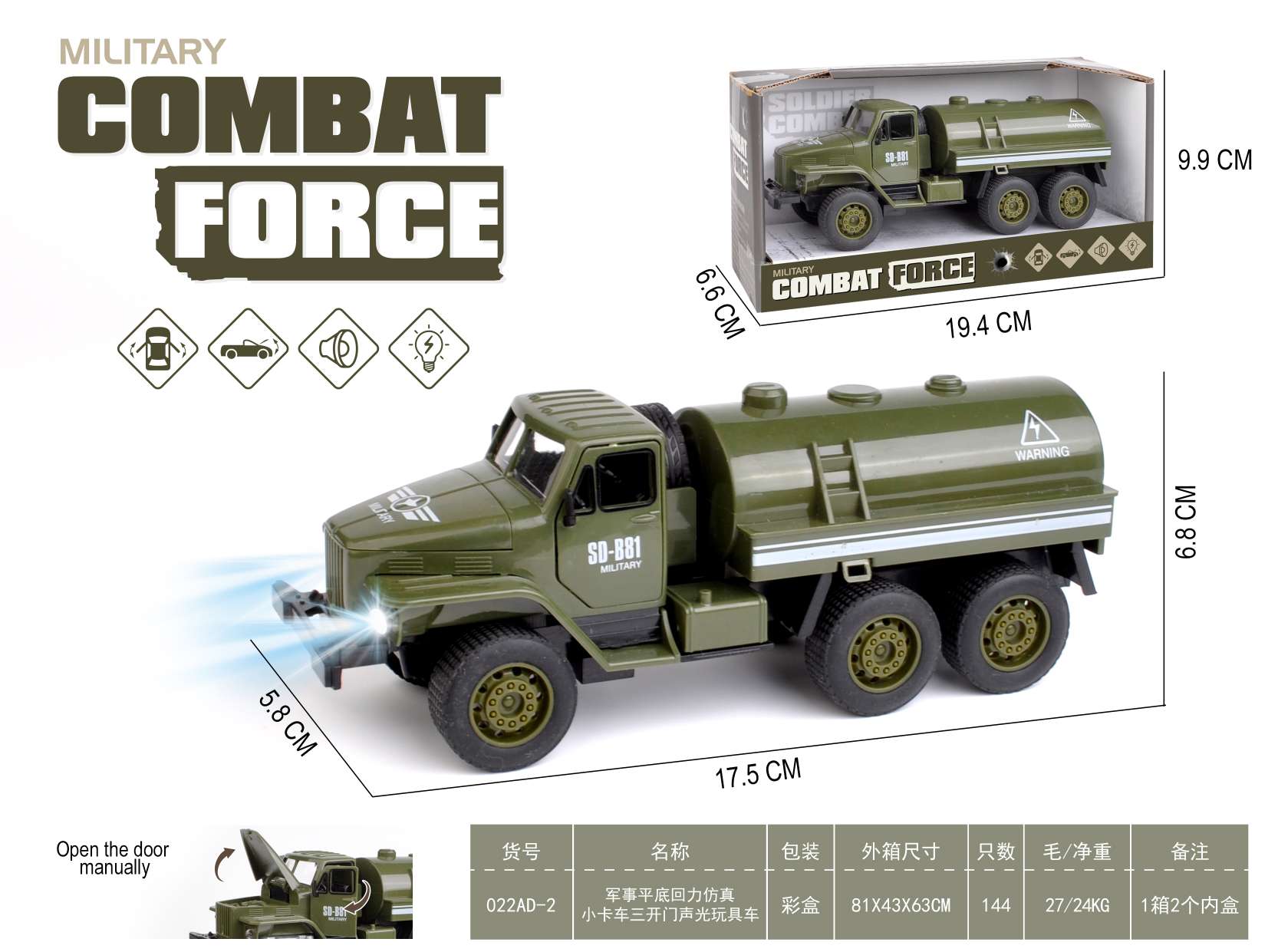军事平底回力仿真小卡车三开门声光玩具汽车模型，超好玩的车模产品图