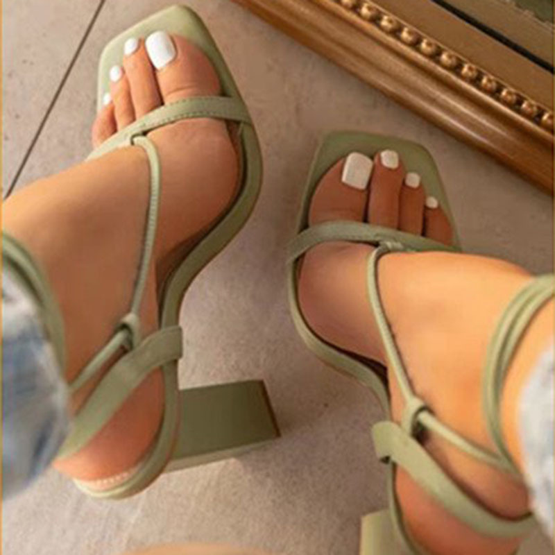 2022 Foreign Trade Square Toe high heel lace-up sandals Coarse Heel Square Toe women high heel sandals Application Scenario