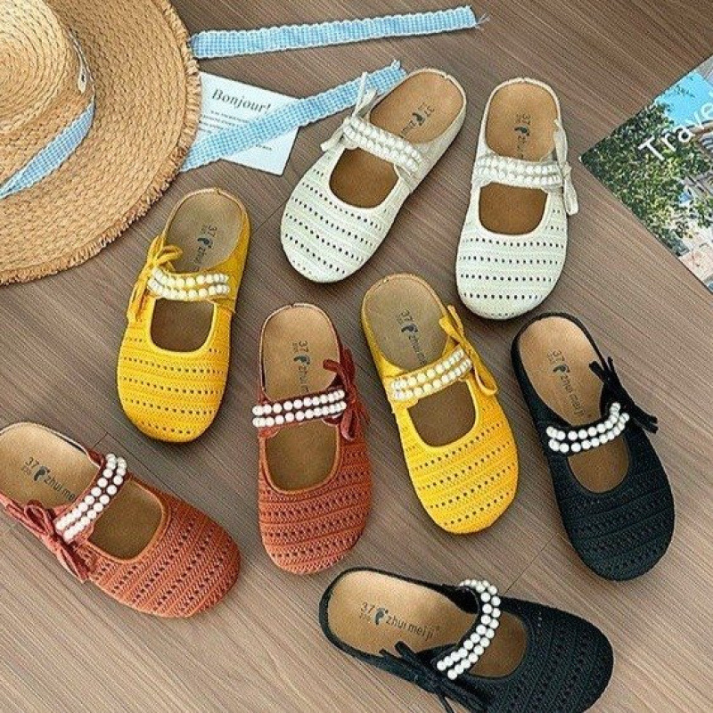 Baotou half-slipper women's summer outerwear 2025 new style pearl one-foot muller shoes flat cold slippers women's lazy shoes Application Scenario