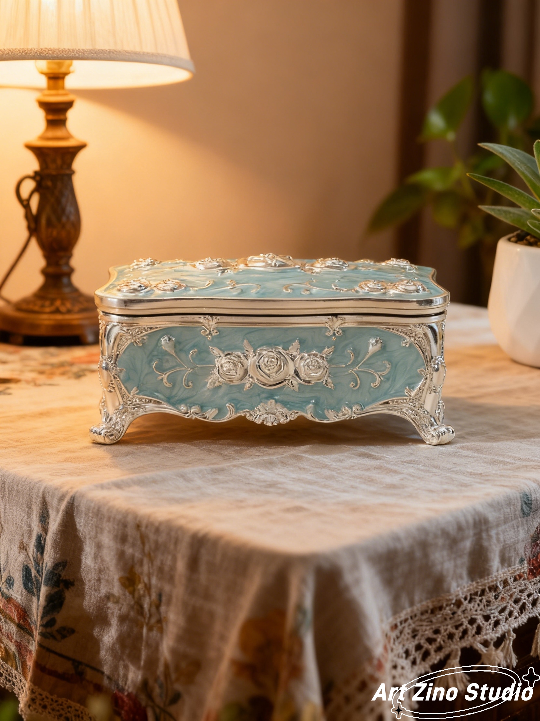 1pc 欧式复古锌合金首饰盒｜立体玫瑰花浮雕拉满质感，银白 / 金白 / 银浅蓝 / 银浅粉四色任选！柔边长方体配精致支