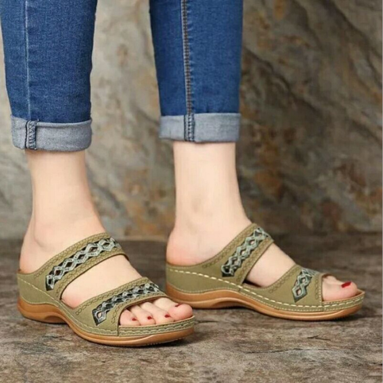 Aliexpress's large-sized women's sandals for summer with wedge heels, thick soles, retro stitching and ethnic style casual women's slippers Specification drawing
