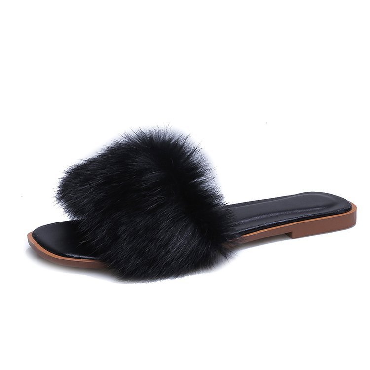 Rabbit fur flip-flops for women's outerwear, 2025 summer new Korean style fashionable fur flip-flops, casual and popular flat women's shoes wholesale Item Picture