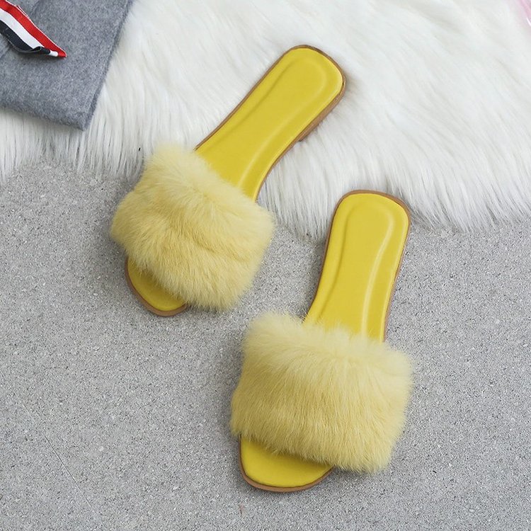 Rabbit fur flip-flops for women's outerwear, 2025 summer new Korean style fashionable fur flip-flops, casual and popular flat women's shoes wholesale Specification drawing