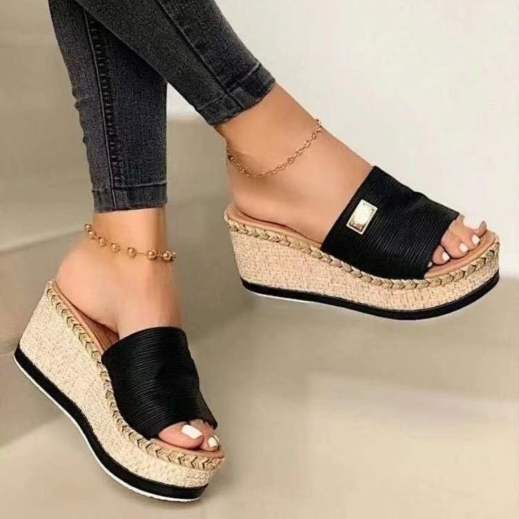 wish Amazon Export large-sized women's flip-flops 2021 New style Casual sponge cake Wedge heel one-shoulder flip-flops Specification drawing